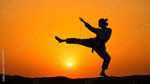 Wallpaper Mural Sport Equipment Martial arts master performs flying kick mid-air during sunset with silhouette against orange sky capturing grace agility strength (1) Torontodigital.ca
