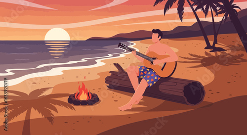 Sunset Serenade: Beachside Acoustic Guitar Performance Near Campfire