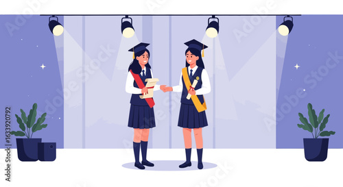 Two Graduating Students Celebrate Achievement And Success Together At Graduation Stage