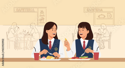 Two Students Enjoy Lunch Together In The School Cafeteria Illustration