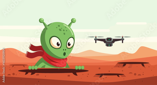 Surprised Alien Encounters High Tech Drone on a Remote Planet Landscape