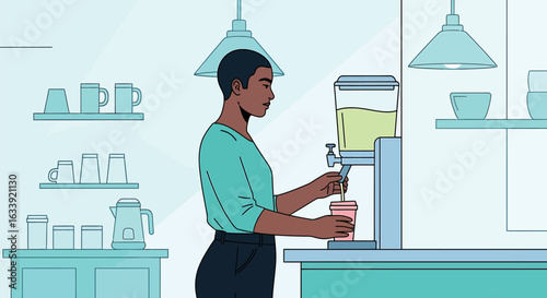 Modern Flat Design Illustration of Woman Dispensing Drink in Office Breakroom