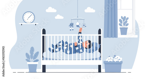Sweet Dreams Await Baby Comforted In Crib With Mobile Toy Decoration