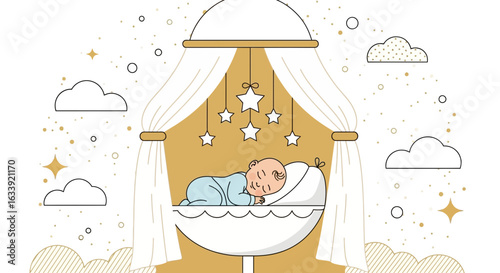 Sweet Dreams Baby In Crib With Star Mobile And Clouds Around
