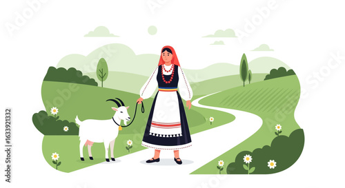 Ukrainian Woman In Traditional Dress Walking With A Goat On A Farm