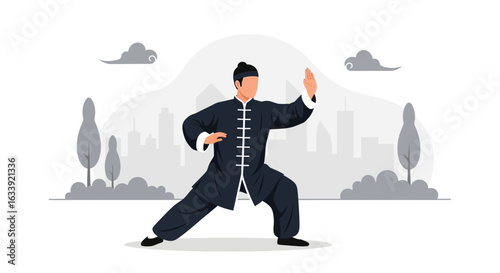 Tai Chi Practicing In The Park Scene With Buildings Background Illustration