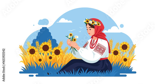 Ukrainian Girl In Traditional Embroidered Shirt Sits In A Field Of Sunflowers