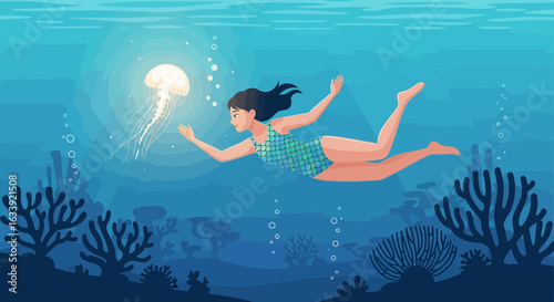 Underwater Adventure: Woman Swims With Jellyfish In A Vibrant Coral Reef Scene