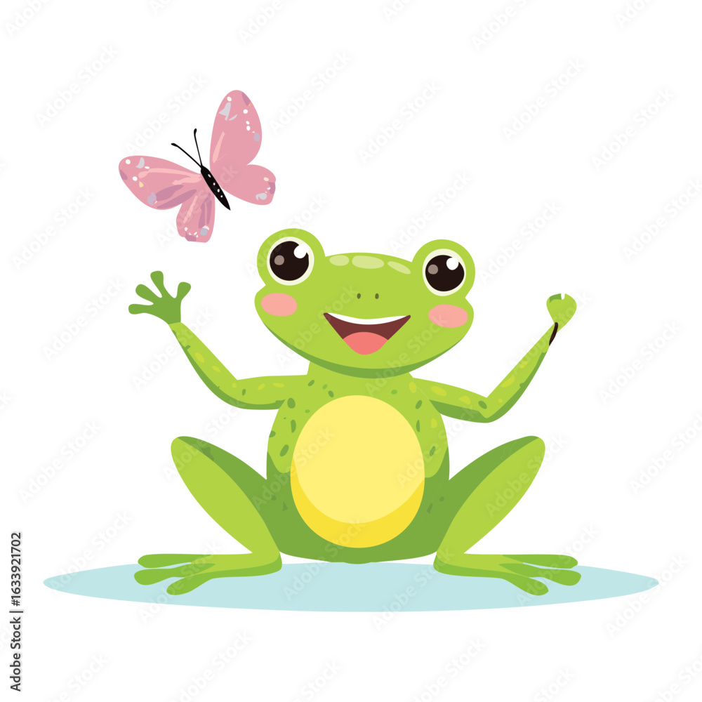 Happy Frog Waving with a Pink Butterfly Happy Frog Waving with a Pink Butterfly