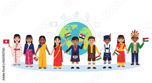 United Children Embracing Global Diversity And Cultural Harmony With National Flags