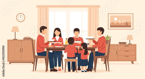 Vector Illustration Of A Family Having A Meal Together At Home