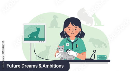Veterinary Care Woman Examines A Kitten In A Veterinary Clinic Illustration