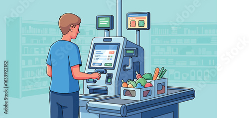 Man Scanning Groceries at Automated Supermarket Self-Service Kiosk