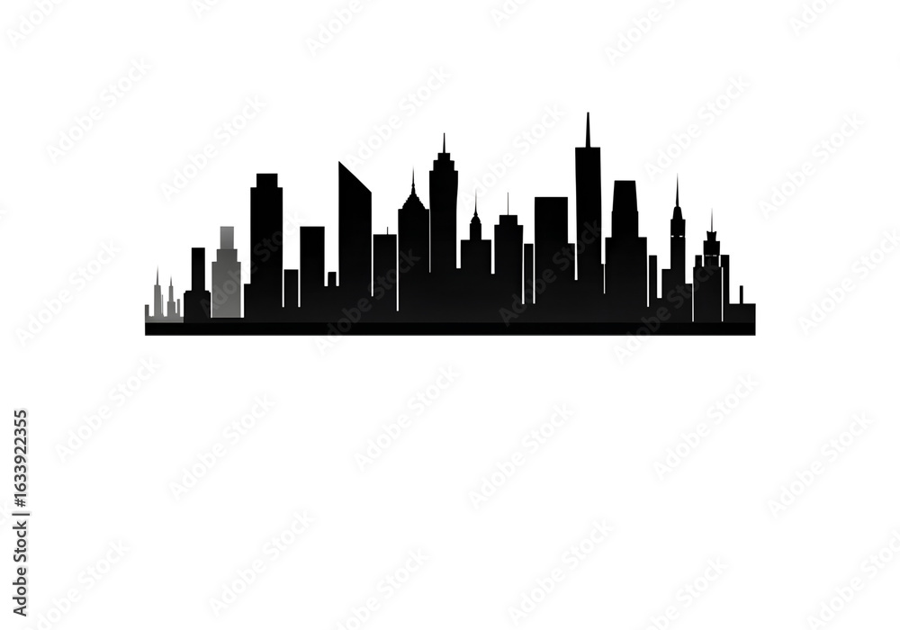 Fototapeta premium Black silhouette of a city skyline featuring various modern skyscrapers, isolated on transparent background