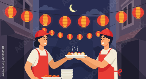 Vibrant Nighttime Street Food Scene With Festive Lanterns And Vendors