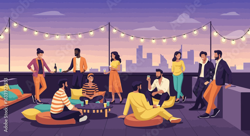 Vibrant Rooftop Gathering In Urban Setting With Cheerful Friends And Festive Atmosphere