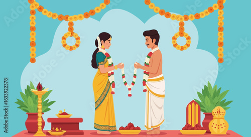 Vibrant South Indian Wedding Ceremony Traditional Garlands and Auspicious Decor