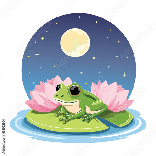 Cute Frog on Lily Pad at Night with Moon
