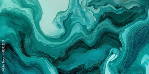 Teal green fluid marble texture background with flowing liquid design.