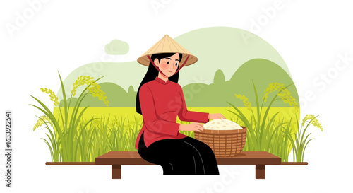Vietnamese Woman Gathering Rice Harvest In A Paddy Field Beautiful Landscape