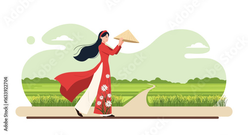 Vietnamese Woman In Traditional Dress Holding A Conical Hat In Countryside