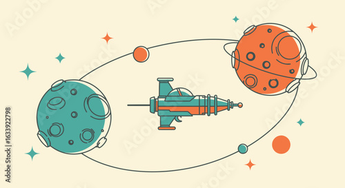 Vintage Inspired Spaceship Flying Between Distant Planets In a Retro Universe