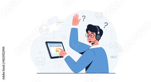 Confused Customer Service Representative Assisting With Technical Tablet Error