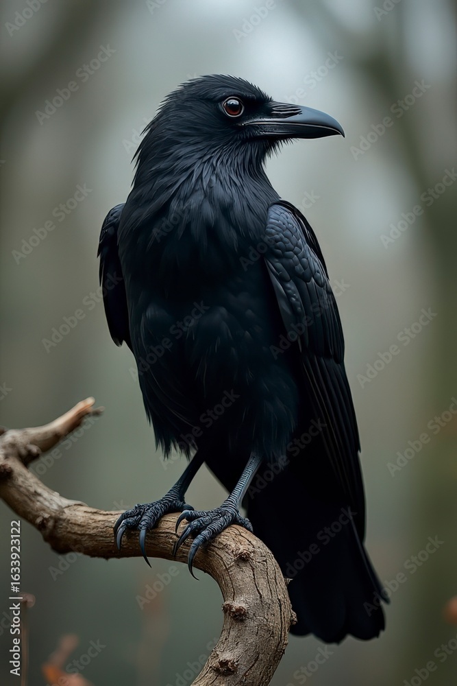 Fototapeta premium Intelligent Raven Perched with Intense Gaze on a Branch
