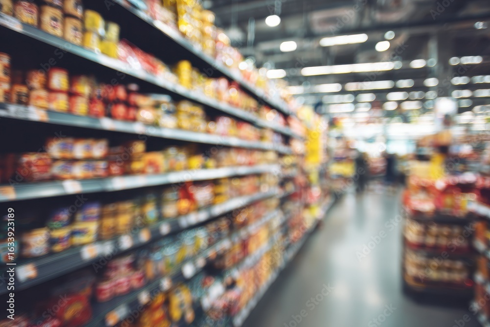 Fototapeta premium Blurred supermarket aisle with food products on shelves