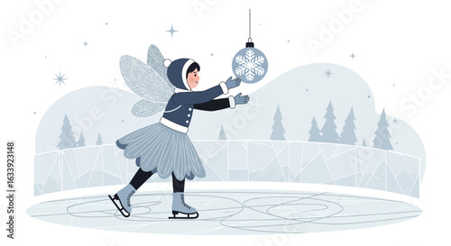 Winter Fairy Ice Skating With Snowflake Ornament In Snowy Forest Scene