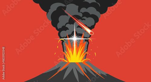 Volcanic Eruption And Meteor Strike Graphic Illustration Over Red Backdrop