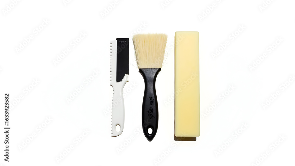 Fototapeta premium Sport Equipment Snowboard wax kit isolated on white background including scraper brush and wax block arranged cleanly for product (5)
