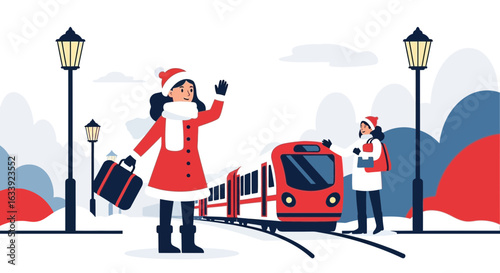 Winter Train Trip Depicting Young Ladies On Snowy Vacation Holiday