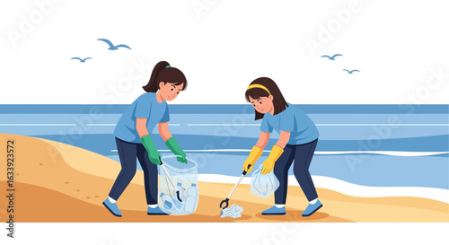 Volunteers Cleaning The Beach From Waste And Plastic In Summer Day