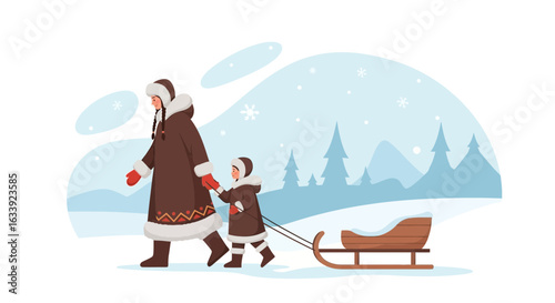 Wintertime Expedition Featuring Mother And Child Pulling Sled Through Snowy Landscape