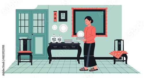 Woman Arranging Plates in an Asian Decorated Home Interior with Traditional Elements