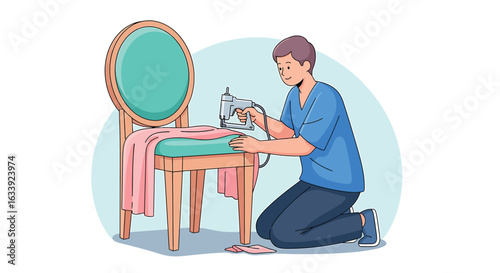 Man Upholstering Chair Illustration | DIY Furniture Repair and Restoration