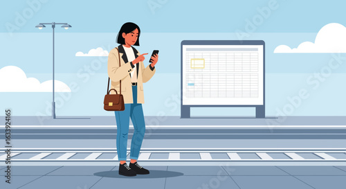 Woman Checking Schedule Information On Smartphone While Waiting For Public Transport