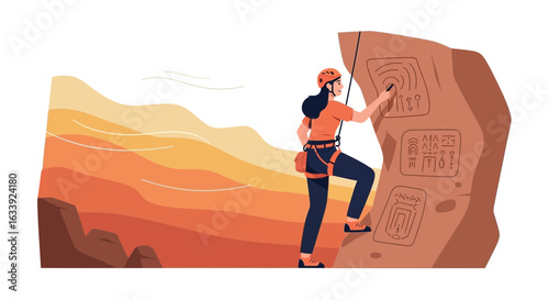 Woman Climber Engaged In Rock Sport With Petroglyphs In Natural Landscape