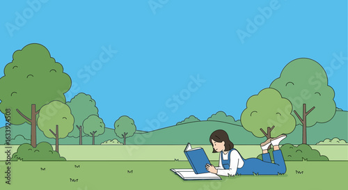 Woman Enjoying A Book In The Park Under A Clear Blue Sky Scene