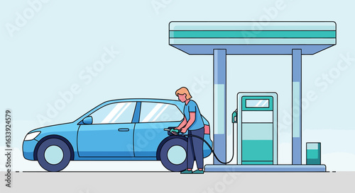 Person Refueling Car at Gas Station Vector Illustration