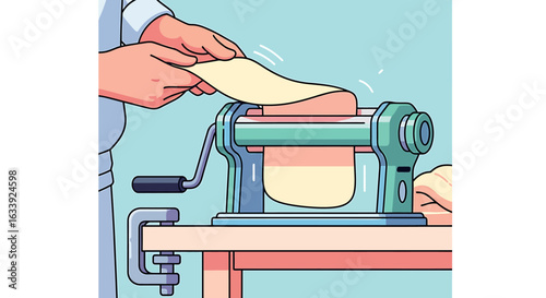 Hands Rolling Fresh Homemade Pasta Dough with a Manual Machine