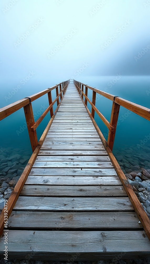 Obraz premium Serene Wooden Pier Extending into Tranquil Teal Lake Surrounded by Misty Fog and Peaceful Nature