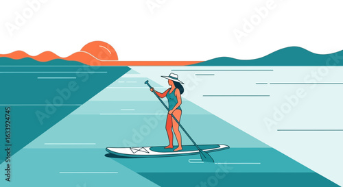 Woman Enjoying Paddleboarding At Sunset In A Minimalist Vector Illustration