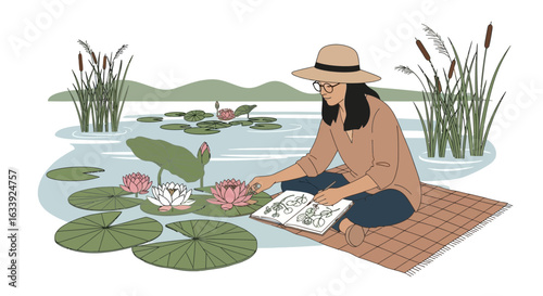 Woman Enjoying Nature Drawing Water Lilies In A Tranquil Lake Setting