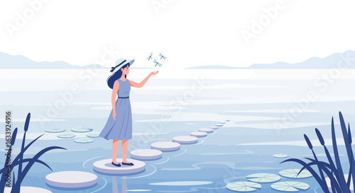 Woman Enjoying Tranquility On Stepping Stones With Flying Dragonflies At Serene Lake