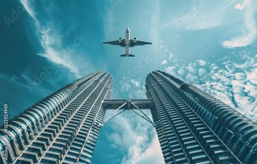 A visual interwoven scene of urban buildings and airplanes, suitable for airline promotions, urban tourism promotion, etc.