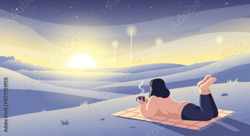 Woman Enjoying Tranquil Sunset With Beverage On Nature With a Peaceful Mood