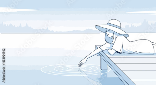 Woman Enjoying Tranquility On The Dock In Summer Scenery Illustration