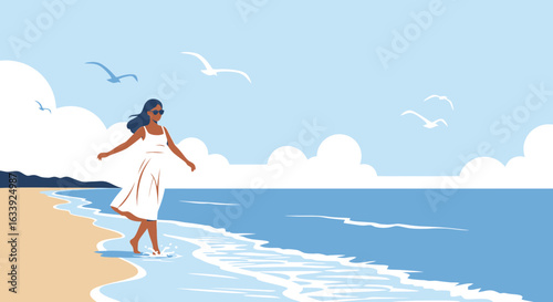 Woman Enjoying Vacation Walking On Beach Under Sky With Flying Birds